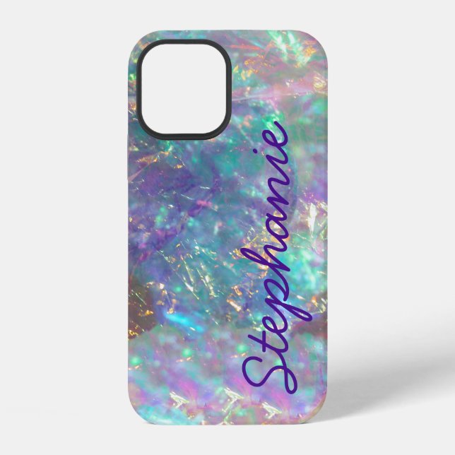 Rainbow Opal Gemstone Iridescent Monogram Name iPhone Case (Back)