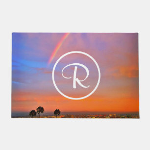 Rainbow orange blue sunrise photo custom monogram doormat