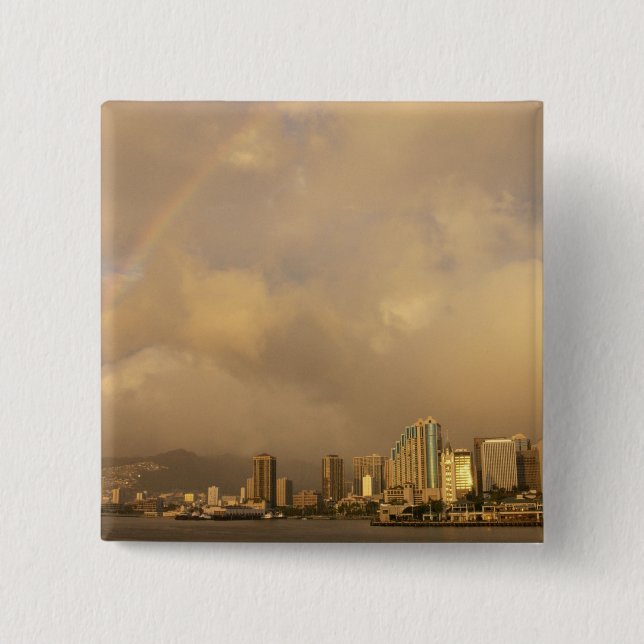 Rainbow over Honolulu, Hawaii, USA 3 2 Inch Square Button (Front)