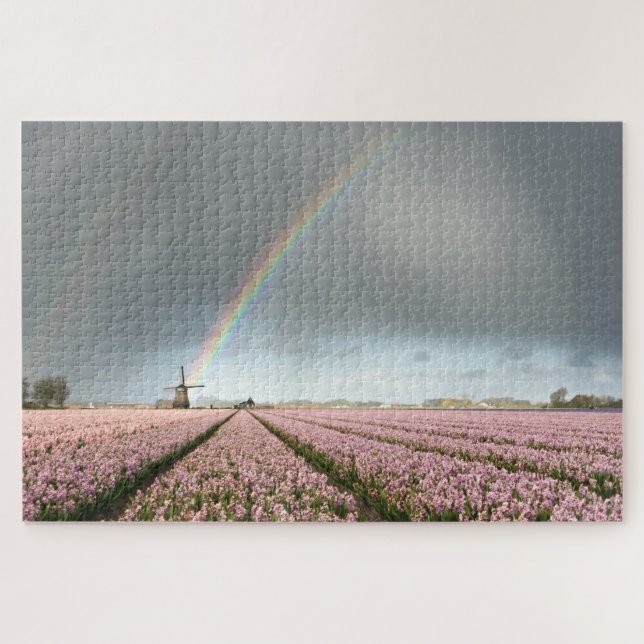 Rainbow over hyacinths and a windmill in Holland Jigsaw Puzzle (Horizontal)