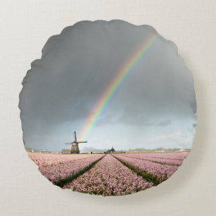 Rainbow over hyacinths and a windmill in Holland Round Pillow