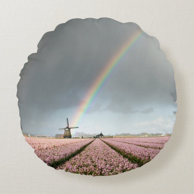 Rainbow over hyacinths and a windmill in Holland Round Pillow (Front)