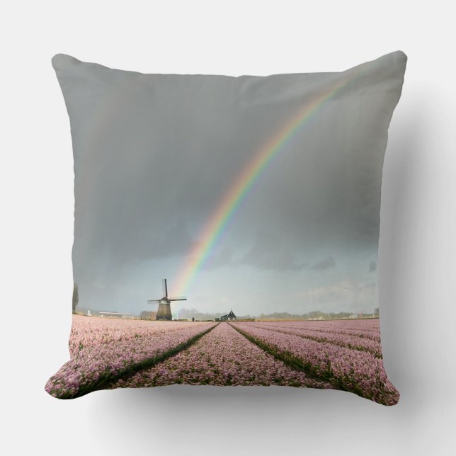 Rainbow over hyacinths and a windmill in Holland Throw Pillow (Front)