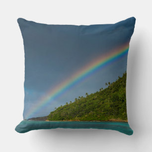 Rainbow over island, American Samoa Throw Pillow