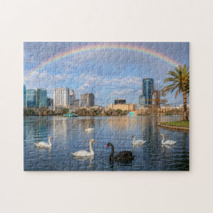 Rainbow Over Lake Eola With Swans Orlando Florida Jigsaw Puzzle