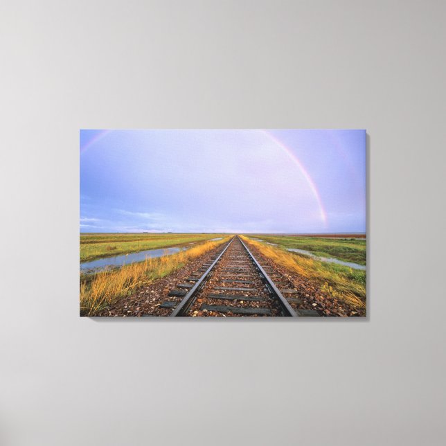 Rainbow over railroad tracks near Fairfield Canvas Print (Front)