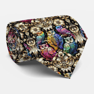 Rainbow Owl Art Deco Art Nouveau Necktie