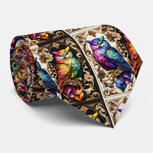 Rainbow Owl Art Deco Art Nouveau Necktie