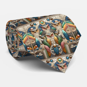 Rainbow Owl Art Deco Necktie – Black, White & Gold