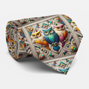 Rainbow Owl Art Deco Necktie – Black, White & Gold