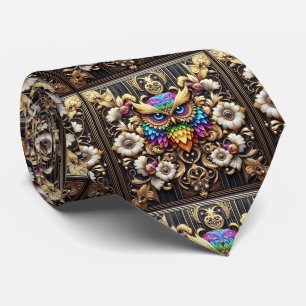 Rainbow Owl Art Deco Necktie – Black, White & Gold