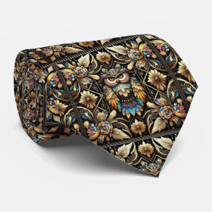 Rainbow Owl Art Deco Necktie – Black, White & Gold