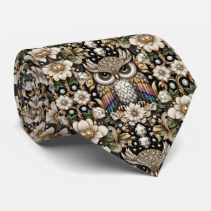 Rainbow Owl Art Deco Necktie – Black, White & Gold