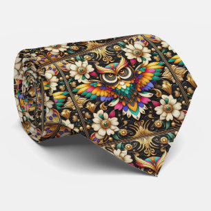 Rainbow Owl Art Deco Necktie – Black, White & Gold