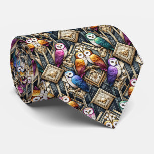 Rainbow Owl Art Deco Necktie – Black, White & Gold