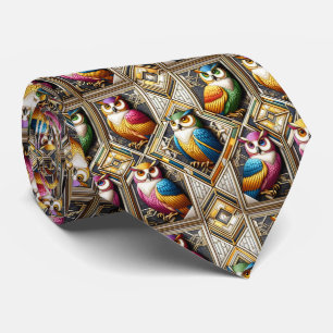 Rainbow Owl Art Deco Necktie – Black, White & Gold