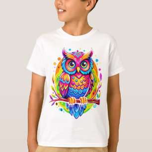 Rainbow Owl with Tropical Leaves On Branch Tree T-Shirt
