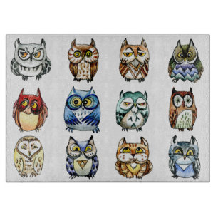 Rainbow owls and cat watercolor cutting board