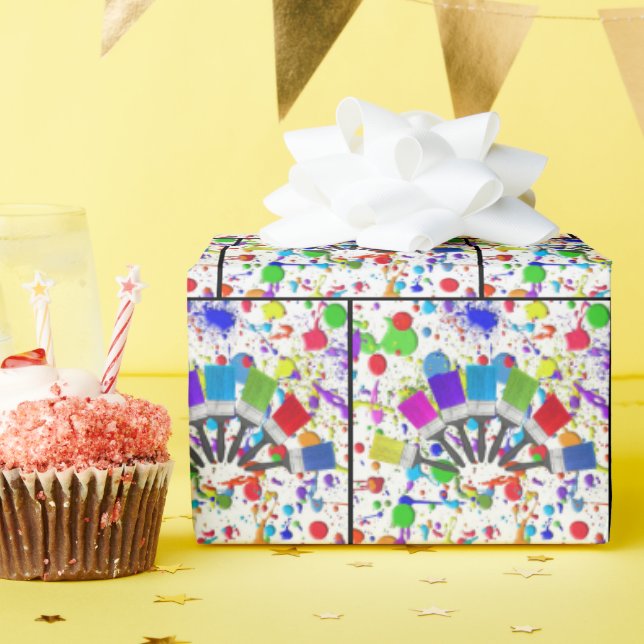Rainbow Paint Brushes On Paint Wrapping Paper (Birthday Party)