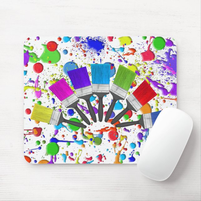 Rainbow Paint Brushes On Splatters Mouse Pad (With Mouse)
