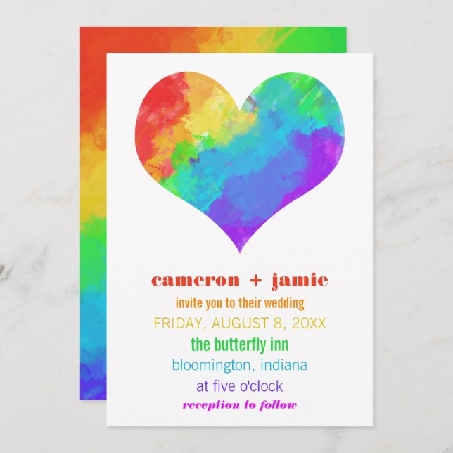 Rainbow Paint Heart Gay Lesbian Wedding Invitation (Front/Back)