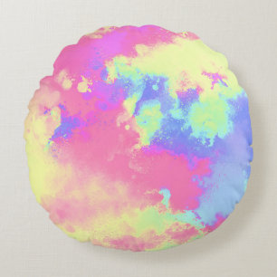 Rainbow Paint Splatter effect Yellow Pink Blue  Round Pillow