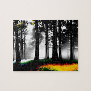 Rainbow Paint Splatter on Silhouette Forest Jigsaw Puzzle