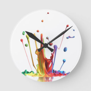 Rainbow Paint Splatter Round Clock