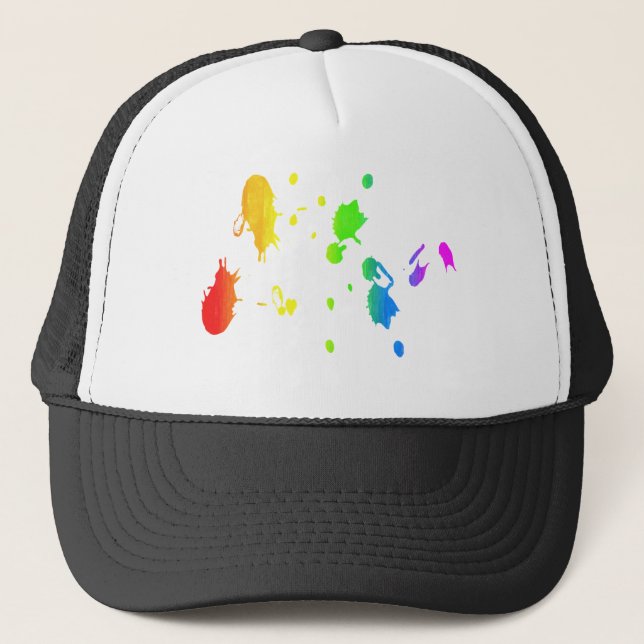 Rainbow paint-splatter trucker hat (Front)