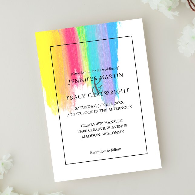 Rainbow Paint Strokes Gay Lesbian Artistic Wedding Invitation (Creator Uploaded)