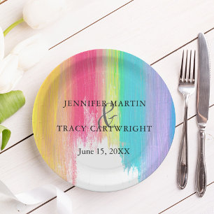 Rainbow Paint Strokes Gay Lesbian Artistic Wedding Paper Plate