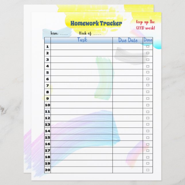 Rainbow Paint Student Homework tracker (Front/Back)