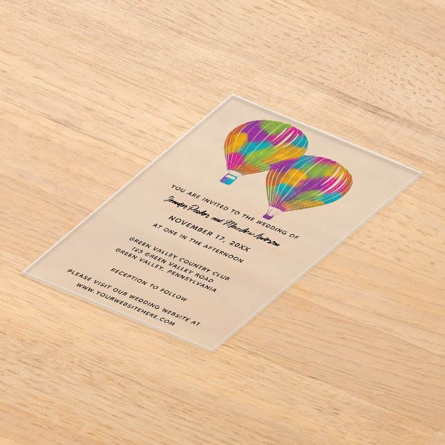 Rainbow Painted Hot Air Balloons Custom Wedding Acrylic Invitations (Laydown)