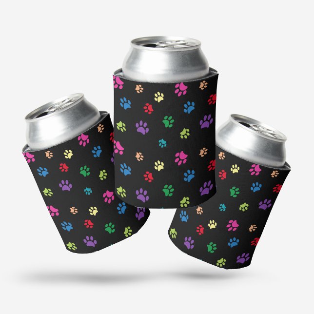 Rainbow Painted Paw Prints on Black Can Cooler (Creator Uploaded)