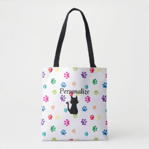 Rainbow Painted Paw Prints Personalized Tote Bag