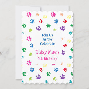 Rainbow Painted Paw Prints Pet Birthday Invitation