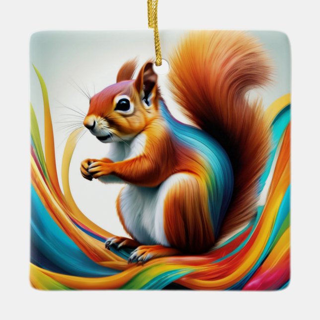Rainbow Painted Squirrel Ceramic Ornament (Front)