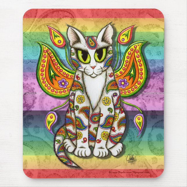 Rainbow Paisley Fairy Cat Fantasy Art Mousepad (Front)