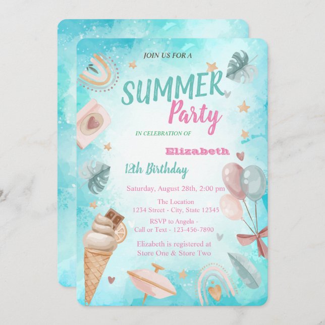 Rainbow,Palm Leaf,Balloons Birthday Party  Invitation (Front/Back)