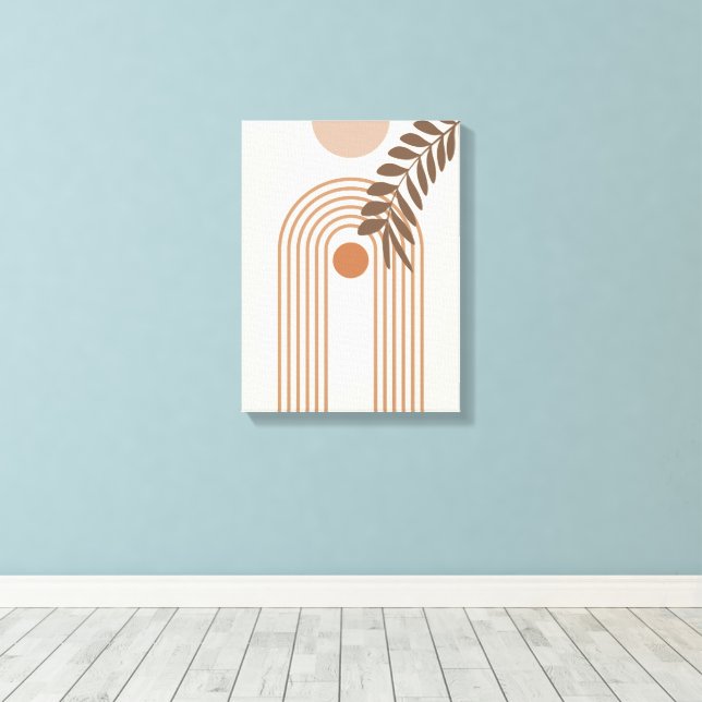 Rainbow Palm Leaf Sun, Boho Abstract Geometric Art Canvas Print (Insitu(Wood Floor))