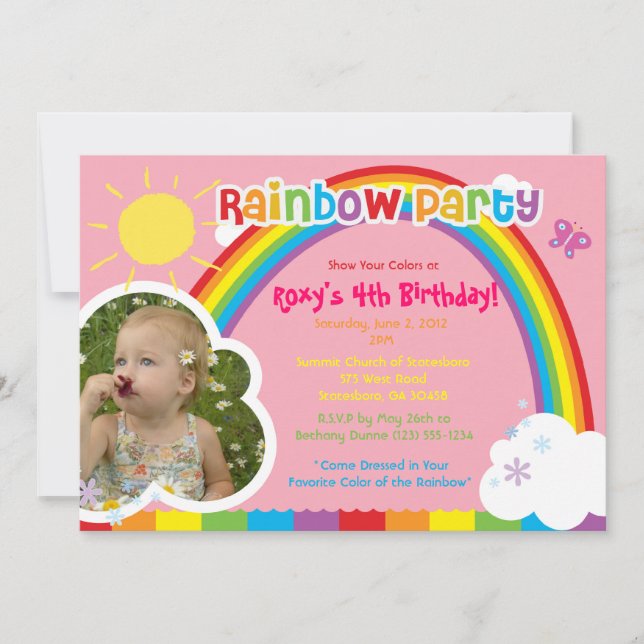 Rainbow Party photo Invitations for girls (Front)
