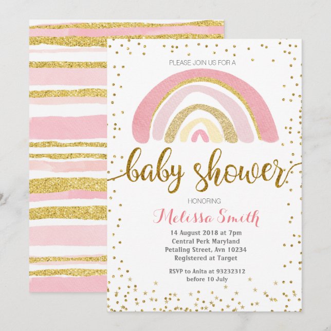 Rainbow pastel baby shower fille de carte d'invita (Devant / Derrière)