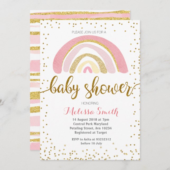 Rainbow pastel baby shower Invitation card girl (Front/Back)