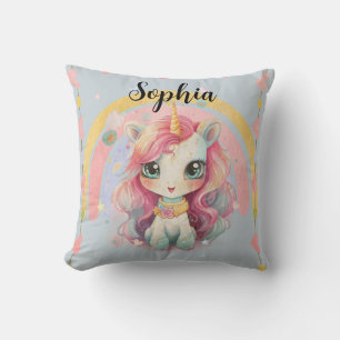 Rainbow Pastel Blue Kawaii Unicorn With Name Throw Pillow