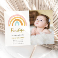 Rainbow Pastel Boho Muted Pink Girl First Birthday