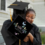 Rainbow Pastel Butterflies Graduation Cap Topper<br><div class="desc">Graduation is a significant milestone that should be celebrated in style! Our trendy graduation cap topper, featuring a chic black background adjustable to any colour, is adorned with an appealing array of pastel butterflies. Proudly emblazoned with 'GRADUATE' in a rainbow of colours, each topper is customized with the student's name...</div>