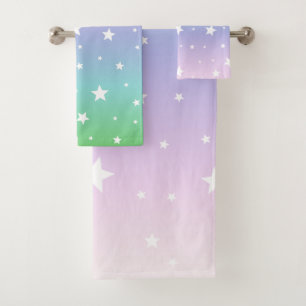 Rainbow Pastel Colours Galaxy Stars Cute Ombre Bath Towel Set