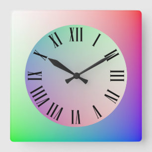 Rainbow Pastel Colours, Roman Numeral Hour Markers Square Wall Clock