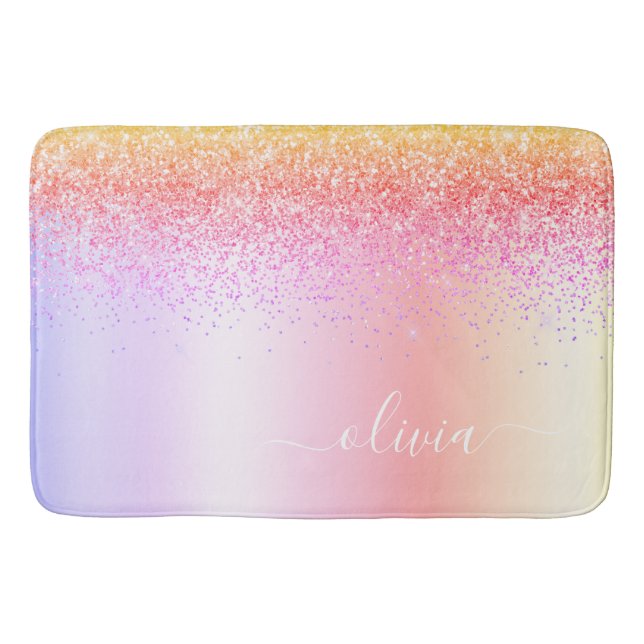 Rainbow Pastel Girly Glitter Metal Monogram Name Bath Mat (Front)
