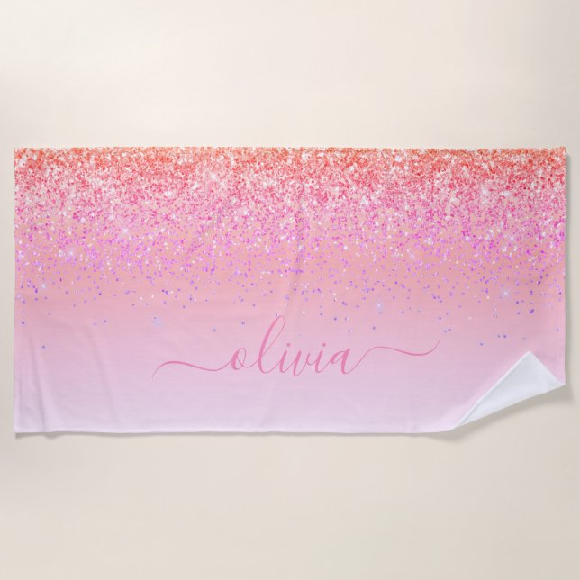 Rainbow Pastel Girly Glitter Metal Monogram Name Beach Towel (Front)